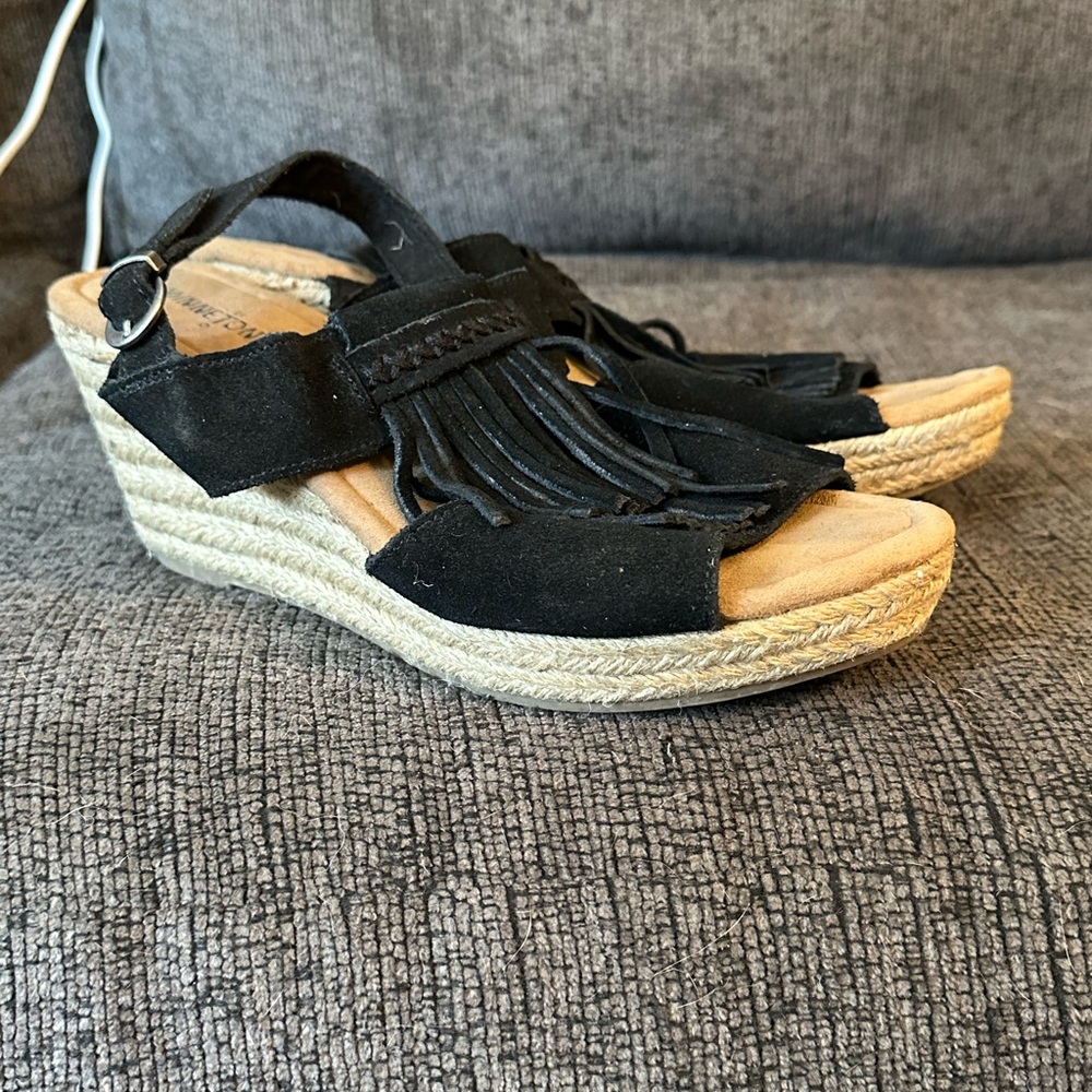 Minnetonka Black Fringe Wedge Sandals